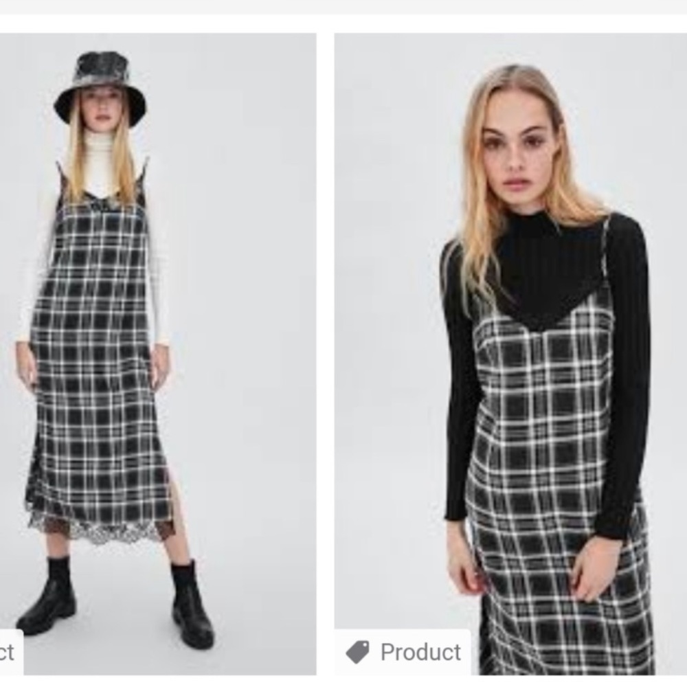 NWOT Zara checkered slip dress with lace